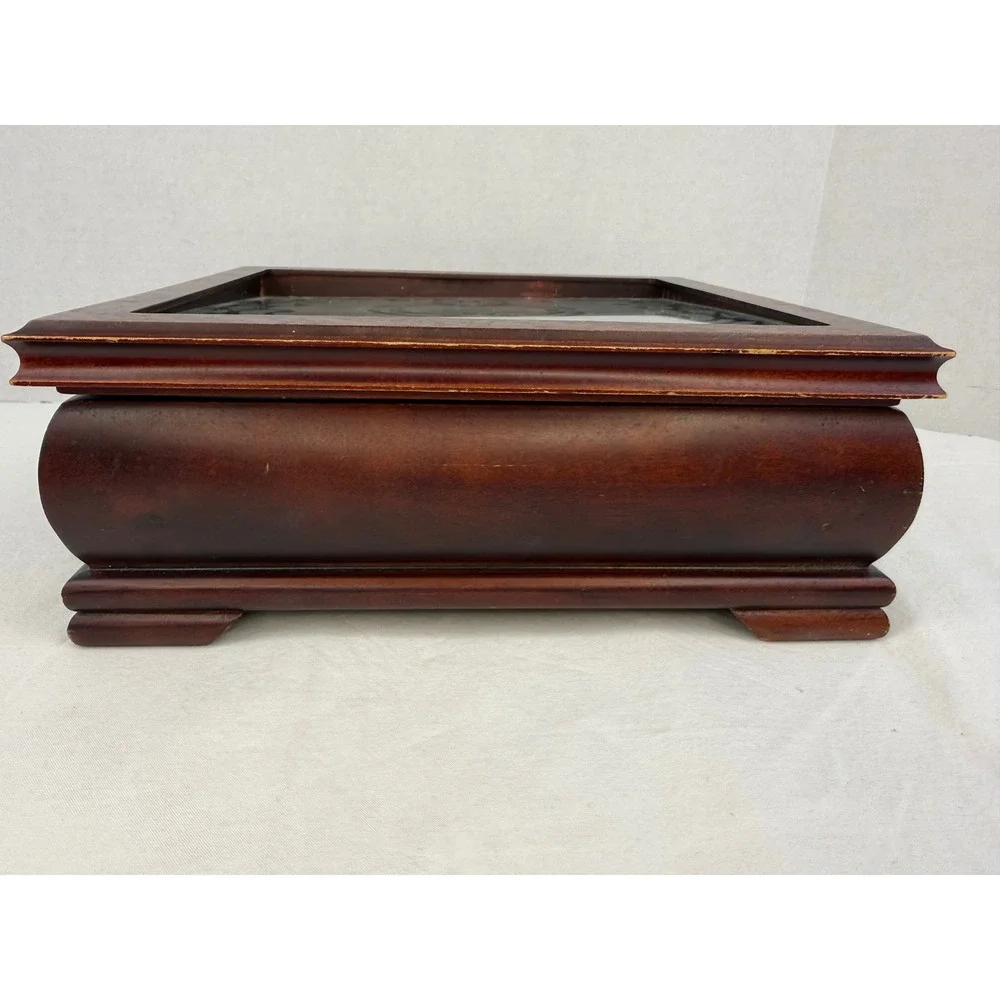 Vintage‎ Wooden Jewelry Box Etched Glass Lid 9 Compartments Cherry Finish